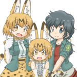  3girls :d animal_ear_fluff animal_ears black_eyes black_hair blonde_hair bow bowtie center_frills closed_mouth commentary_request dual_persona elbow_gloves extra_ears eyebrows_visible_through_hair fang fangs gaketsu gloves jacket japari_symbol kaban_(kemono_friends) kemono_friends long_hair looking_at_viewer low_ponytail multiple_girls older open_mouth print_gloves print_neckwear print_skirt red_shirt serval_(kemono_friends) serval_ears serval_print serval_tail shirt short_hair simple_background skirt smile tail thumbs_up white_background white_shirt yellow_eyes 