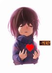  backlighting brown_hair closed_eyes crying frisk_(undertale) gameplay_mechanics glowing heart open_mouth simple_background solo striped striped_sweater sweater takotsu tears turtleneck undertale upper_body white_background 