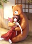  amayadori_machi bad_id bad_pixiv_id bear book brown_eyes brown_hair drinking_straw hakama indoors japanese_clothes kumai_natsu kumamiko low_ponytail mallizmora miko open_book outfit_4_(kumamiko) reading red_hakama white_legwear 