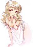  all_fours blush breasts brown_eyes brown_hair cleavage collarbone eyebrows frilled_panties frills holding idolmaster idolmaster_million_live! joey_koguma lingerie lipstick long_hair makeup miyao_miya negligee off_shoulder panties simple_background sketch small_breasts solo thick_eyebrows underwear white_background white_panties 