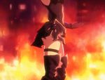  animated animated_gif bare_shoulders boots breasts cleavage dutch_angle elbow_pads fate/grand_order fate_(series) fire gloves hair_over_one_eye looking_at_viewer purple_eyes purple_hair rain shielder_(fate/grand_order) short_hair solo sweat thigh_strap 