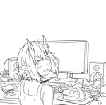  arsenixc blush bottle chips cup food from_behind greyscale highres horns horny_(arsenixc) keyboard_(computer) lineart looking_back monitor monochrome mouse_(computer) open_mouth original pencil plate pointy_ears shirt short_hair sitting sleeveless sleeveless_shirt solo speaker stylus surprised table tablet tears template wacom water_bottle wavy_mouth webcam 