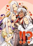  4girls candy confused dark_skin demon_girl demon_horns demon_tail emiya_kiritsugu emiya_kiritsugu_(assassin) fate/grand_order fate/zero fate_(series) food girl_sandwich halloween_princess_(fate/grand_order) harem heart horns husband_and_wife irisviel_von_einzbern irisviel_von_einzbern_(caster) lollipop mepo_(raven0) multiple_girls multiple_persona sandwiched star succubus tail white_hair 