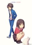  1girl artist_name azumanga_daiou blue_jacket brown_eyes brown_hair cat crossover full_body hands_in_pockets highres jacket kasuga_ayumu namesake narumi_ayumu pleated_skirt school_uniform skirt spiral_(manga) squatting yohan12 