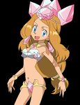  artist_request black_background blue_eyes bra bracelet breasts cleavage cosplay diamond diamond_panties diancie diancie_(cosplay) long_hair looking_at_viewer low-tied_long_hair midriff mound_of_venus navel nintendo open_mouth pokemon pokemon_xy revision serena_(pokemon) shiny_hair solo tongue vibrator 