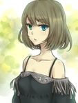  bare_shoulders blue_eyes collarbone expressionless green_eyes heterochromia idolmaster idolmaster_cinderella_girls inaba-no-kuni-tottori light_brown_hair mole mole_under_eye neck solo takagaki_kaede upper_body 