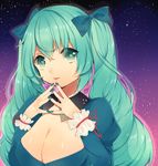  breasts cleavage green_eyes green_hair hatsune_miku heart heart-shaped_pupils large_breasts long_hair looking_at_viewer nail_polish solo steepled_fingers symbol-shaped_pupils twintails upper_body vocaloid yuyu_(piko01) 