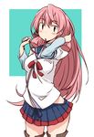  akashi_(kantai_collection) arms_up blue_skirt blush breasts green_eyes hair_ribbon hip_vent kantai_collection kugui_kiyunemu long_hair long_sleeves looking_at_viewer medium_breasts mouth_hold pink_hair pleated_skirt ribbon ribbon_in_mouth school_uniform serafuku skirt solo thighhighs tress_ribbon 