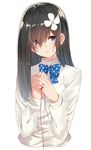  blue_bow blue_neckwear blush bow bowtie brown_hair closed_mouth collared_shirt eyebrows eyebrows_visible_through_hair flower hair_flower hair_ornament hair_over_one_eye head_tilt isshiki_(ffmania7) long_hair looking_at_viewer original polka_dot polka_dot_bow polka_dot_neckwear purple_eyes red_ribbon red_string ribbon shirt simple_background smile solo string upper_body white_background white_flower white_shirt 