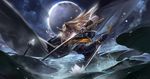 alcd blonde_hair bug dragonfly dual_wielding flower full_moon highres holding horns insect katana lily_pad long_hair lotus moon pixiv_fantasia pixiv_fantasia_t solo sword weapon 