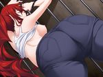  alternate_costume ass bare_shoulders breasts cuffs denim eyes_closed from_behind handcuffs huge_ass jeans large_breasts leaning leaning_forward long_hair maji_de_watashi_ni_koi_shinasai! margit_eberbach nipples no_bra pants ponytail red_hair shiny shiny_skin sideboob solo 