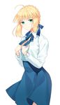  absurdres ahoge artoria_pendragon_(all) blonde_hair blue_skirt blush braid eyebrows eyebrows_visible_through_hair fate/stay_night fate_(series) green_eyes hair_ribbon hands_on_own_chest highres looking_at_viewer ribbon saber shirt skirt smile solo tied_hair white_shirt yaho_(yaho0211) 