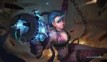  artist_name bandolier bikini_top blue_hair braid breasts bullet chain electricity gone_(zlhshiwo) gun handgun jewelry jinx_(league_of_legends) league_of_legends lips long_hair midriff necklace nose pink_eyes shorts single_thighhigh small_breasts solo swinging tattoo thighhighs twin_braids very_long_hair weapon 
