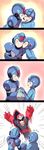  4koma android blues_(rockman) cheek_kiss closed_eyes comic emphasis_lines helmet highres holding_hands jiayu_long kiss male_focus motion_lines multiple_boys open_mouth rockman rockman_(character) rockman_(classic) rockman_x smile surprised triangle_mouth x_(rockman) yaoi 