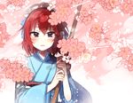  :d blush cherry_blossoms frills hairband holding holding_sword holding_weapon idolmaster idolmaster_cinderella_girls japanese_clothes kimono long_sleeves looking_at_viewer manio murakami_tomoe open_mouth petals purple_eyes red_hair sash short_hair smile solo sword tareme upper_body weapon wide_sleeves wooden_sword 