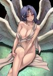  absurdres bare_legs blue_hair blush breasts cleavage collarbone crescent expressionless facial_mark forehead_tattoo groin head_tilt highres knee_up large_breasts leg_hold lips long_hair looking_at_viewer midriff multiple_wings navel original parted_lips red_eyes revealing_clothes ryuki@maguro-ex seraph solo stomach tunic unfinished white_wings wings work_in_progress 