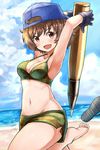  absurdres akiyama_yukari armpits arms_up backwards_hat bangs bare_shoulders barefoot beach bikini blue_hat blush breasts brown_eyes brown_hair camouflage camouflage_bikini cleavage cloud cloudy_sky cowboy_shot eyebrows eyebrows_visible_through_hair girls_und_panzer gloves hat highres holding looking_at_viewer navel okitsugu open_mouth oversized_object sandals sandals_removed shiny shiny_skin short_hair sky solo stomach strap_gap swimsuit tank_shell water 