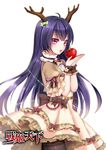  antlers apple black_hair dress food fruit long_hair mvv official_art pantyhose purple_eyes solo zhan_ji_tian_xia 