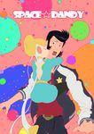  1girl adelie_(space_dandy) black_hair blonde_hair cheek_kiss closed_eyes dandy_(space_dandy) flat_color hair_bun highres hug jay_zhang kiss leg_lock pompadour short_hair space_dandy 