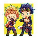  blonde_hair blue_hair boots brown_footwear bug chibi cosplay costume_switch earrings fingerless_gloves giorno_giovanna giorno_giovanna_(cosplay) gloves green_eyes hair_ornament hairclip insect jewelry jojo_no_kimyou_na_bouken jojo_pose jonathan_joestar jonathan_joestar_(cosplay) koma_saburou ladybug long_hair male_focus multiple_boys open_mouth outline pose round_teeth smile teeth yellow_eyes 