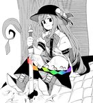  anarogumaaa arm_support blood boots bow bowtie expressionless food fruit full_body hat hat_leaf hinanawi_tenshi leaf long_hair looking_at_viewer monochrome monster peach pointy_boots puffy_short_sleeves puffy_sleeves rainbow_order scales short_sleeves simple_background sitting solo spot_color sword_of_hisou touhou tree white_background 