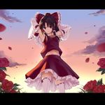  armpits arms_behind_head arms_up ascot bad_id bad_twitter_id black_hair bow brown_hair cloud commentary_request cowboy_shot detached_sleeves flower hair_bow hair_tubes hakurei_reimu letterboxed long_sleeves looking_at_viewer midriff navel petals pose red_eyes red_flower red_rose ribbon-trimmed_sleeves ribbon_trim rose shirt skirt skirt_set sky smile solo sunset takemori_shintarou thighhighs touhou upskirt white_legwear wide_sleeves 