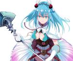  atelier_(series) atelier_sophie blue_eyes blue_hair breasts capelet cleavage corset elbow_gloves gloves hair_ornament large_breasts leon_(atelier) long_hair maromi_(am97) multicolored multicolored_clothes multicolored_skirt polearm shirt skirt sleeveless sleeveless_shirt smile solo weapon white_capelet white_gloves 