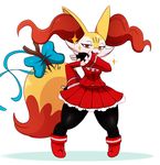  bow braixen cosplay eric_lowery fang fingerless_gloves gloves half-closed_eyes highres kanzuki_karin kanzuki_karin_(cosplay) laughing looking_at_viewer ojou-sama_pose open_mouth pokemon red_eyes simple_background skirt solo sparkle standing stick street_fighter street_fighter_v tail thick_thighs thighs white_background wide_hips 