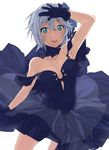  anastasia_(idolmaster) aqua_eyes bare_shoulders black_dress black_gloves breasts cleavage dress gloves highres idolmaster idolmaster_cinderella_girls kirisato_itsuki looking_at_viewer medium_breasts open_mouth short_hair silver_hair smile solo 