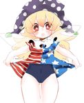  absurdres american_flag_dress ass_visible_through_thighs bad_id bad_twitter_id bangs blonde_hair blush clownpiece covered_navel dress dress_lift fairy_wings frilled_shirt_collar frills gishiko_(kog_0130) hat highres jester_cap lifted_by_self long_hair looking_at_viewer neck_ruff open_mouth polka_dot red_eyes school_swimsuit shirt short_sleeves simple_background sketch solo standing star star-shaped_pupils striped swimsuit symbol-shaped_pupils thick_eyebrows touhou white_background wings 