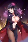  2016 absurdres bangs black_cape black_dress black_hair braid breasts cape center_opening cleavage cowboy_shot dated dress elsa_granhilte eyebrows eyebrows_visible_through_hair fishnet_pantyhose fishnets flower fur_trim hair_flower hair_ornament hair_over_shoulder hand_on_own_chest head_tilt highres large_breasts long_hair looking_at_viewer maorzshu mole mole_under_eye navel pantyhose pelvic_curtain petals purple_eyes re:zero_kara_hajimeru_isekai_seikatsu red_lips signature single_braid smile smirk solo standing 