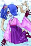  blue_skin boots flower gloves hair_flower hair_ornament hair_over_one_eye high_heel_boots high_heels japanese_clothes kimono leviathan_(skullgirls) red_eyes skullgirls solo squigly_(skullgirls) stitched_mouth stitches zombie 