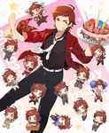  book boxing_gloves cake candle chibi desk facial_hair flag food from_above goatee idolmaster idolmaster_side-m l_(matador) male_focus multiple_persona multiple_views necktie number red_eyes red_hair smile tendou_teru 