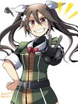  1girl 2015 bad_id bad_pixiv_id bandage_on_face bandages brown_eyes brown_hair dated grin hair_ribbon hand_on_hip kantai_collection kuro_yuzu looking_at_viewer military military_uniform ribbon smile smoke solo tone_(kantai_collection) twintails twitter_username uniform v white_ribbon 
