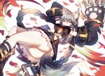  animal_ear_fluff animal_ears arm_belt arms_up ass bangs blurry blush botos braid breasts buckle claw_(weapon) closed_mouth depth_of_field erune from_below gloves granblue_fantasy grey_hair hair_between_eyes hair_ornament large_breasts long_hair looking_at_viewer mamuru paw_print petals pleated_skirt red_eyes sen_(granblue_fantasy) silver_hair skirt smile solo tail upskirt very_long_hair weapon white_background 