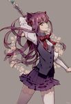  animal_ears ayn_(unlight) bow bowtie brown_hair buttons cat_ears emje_(uncover) green_eyes grey_background hair_ribbon juliet_sleeves long_hair long_sleeves pleated_skirt puffy_sleeves red_bow red_neckwear red_ribbon ribbon skirt solo staff thighhighs unlight 