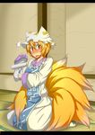  1girl blonde_hair blush commentary_request dress embarrassed fox_tail frills full_body hat highres kneeling kyuubi lint_roller long_sleeves looking_at_viewer mob_cap multiple_tails nose_blush pillow_hat short_hair solo surprised tabard tail tamahana touhou wavy_mouth white_dress wide_sleeves yakumo_ran yellow_eyes 