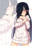  alternate_costume bare_shoulders black_hair blush cowboy_shot hair_over_one_eye hair_ribbon hands_on_own_chest hayashimo_(kantai_collection) kantai_collection long_hair looking_at_viewer purple_hair ribbed_sweater ribbon ru2n131 solo sweat sweater wavy_mouth zoom_layer 