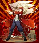  black_footwear boots brown_hair character_name coat cross-laced_footwear facial_hair flag full_body goatee idolmaster idolmaster_side-m l_(matador) male_focus open_mouth pants pointing solo standing tendou_teru translation_request 