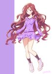  aikatsu!_(series) aikatsu_stars! ankle_boots artist_name black_legwear blush boots brown_hair dress earrings full_body jewelry joy_ride kasumi_yozora knees_together_feet_apart long_hair long_sleeves looking_at_viewer purple_dress purple_eyes short_dress simple_background sleeves_past_wrists smile socks solo star star_print stud_earrings thigh_gap very_long_hair wavy_hair white_footwear 