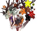  black_shirt blush green_eyes green_hair holding long_hair ofuda orange_skirt original pleated_skirt sasurai_susuki shirt simple_background skirt sleeveless sleeveless_shirt solo star tree_branch white_background 