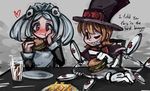  :d apron bloody_marie_(skullgirls) blush bow chewing cola commentary_request dress drink drinking_straw eating english extra_eyes eye_socket food french_fries glass gloves grey_background hair_ornament hamburger hat heart holding holding_food looking_at_another maid maid_headdress mechanical_arms multiple_girls open_mouth orange_hair peacock_(skullgirls) plate pointing puffy_cheeks ray-k red_eyes sharp_teeth short_hair silver_hair sitting skull skull_hair_ornament skullgirls smile table teeth text_focus top_hat twintails white_gloves 