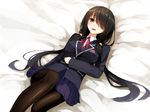  black_hair blush date_a_live hair_over_one_eye jacket long_hair looking_at_viewer lying on_back on_bed open_mouth pantyhose pleated_skirt red_eyes school_uniform skirt solo tokisaki_kurumi twintails uttt very_long_hair 