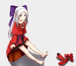  barefoot blush capelet cigarette dress eyebrows eyebrows_visible_through_hair grey_background legwear_removed m.u.g.e.n mi_shan pointy_ears purple_eyes red_dress red_footwear red_legwear red_len shoes shoes_removed silver_hair sitting smoking solo 