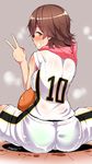  ass basketball basketball_uniform blush breasts brown_eyes brown_hair from_behind grin hanabi_(ocha) honda_mio idolmaster idolmaster_cinderella_girls large_breasts looking_back see-through short_hair sitting smile solo sportswear sweat towel towel_around_neck v wet wet_clothes 