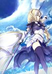  armor armored_dress bad_id bad_pixiv_id blonde_hair blue_eyes braid capelet fate/apocrypha fate_(series) faulds flag flagpole gauntlets headpiece jeanne_d'arc_(fate) jeanne_d'arc_(fate)_(all) katoroku long_hair open_mouth purple_eyes single_braid solo thighhighs 