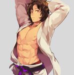  abs brown_hair enjouji_michiru grey_background idolmaster idolmaster_side-m looking_at_viewer male_focus muscle nipples open_clothes open_shirt pants pectorals shatou_(c-com) shirt solo tan white_pants yellow_eyes 