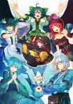  6+girls ahoge bangs belt black_hair black_shirt black_wings blue_dress blue_eyes blue_hair blush bow chain cirno closed_eyes clothes_writing collar collarbone crossed_arms dress food fruit glasses green_bow green_skirt hair_bow hat head_fins hecatia_lapislazuli hinanawi_tenshi ice ice_wings japanese_clothes keystone kimono long_hair long_sleeves looking_at_viewer mermaid monster_girl morichika_rinnosuke multiple_girls obi off-shoulder_shirt outstretched_arms peach polos_crown pouch puffy_short_sleeves puffy_sleeves purple_hair red_eyes red_hair reiuji_utsuho sash semi-rimless_eyewear shirt short_hair short_sleeves skirt smile sukuna_shinmyoumaru terrajin touhou under-rim_eyewear upside-down v wakasagihime white_hair wide_sleeves wings yellow_eyes 