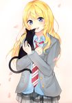  absurdres animal bad_id bad_pixiv_id black_cat blonde_hair blue_eyes cat highres holding holding_animal jacket long_hair long_sleeves looking_at_another miyazono_kawori necktie open_mouth oretsuu petals pleated_skirt school_uniform shigatsu_wa_kimi_no_uso simple_background skirt smile solo wavy_hair 