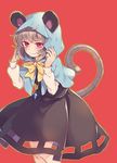  ahoge animal_ears blush bow bowtie capelet cowboy_shot cutout dress ears_through_headwear embarrassed grey_dress grey_hair hood jewelry long_sleeves looking_at_viewer mouse_ears mouse_tail nazrin necklace puffy_long_sleeves puffy_sleeves red_background red_eyes short_hair simple_background solo tail tomobe_kinuko touhou yellow_bow yellow_neckwear 